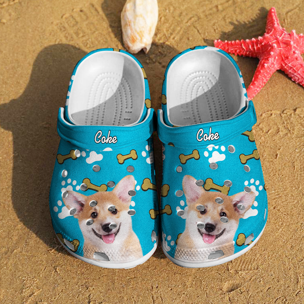 Personalised pet face clogs with name printed on rubber slip‑on – custom pet slippers for pet lovers