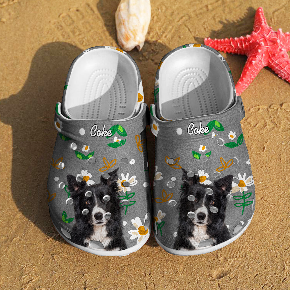 Personalised pet portrait rubber clogs showing a funny pet face and the pet’s name — custom pet slippers perfect gift for pet lovers
