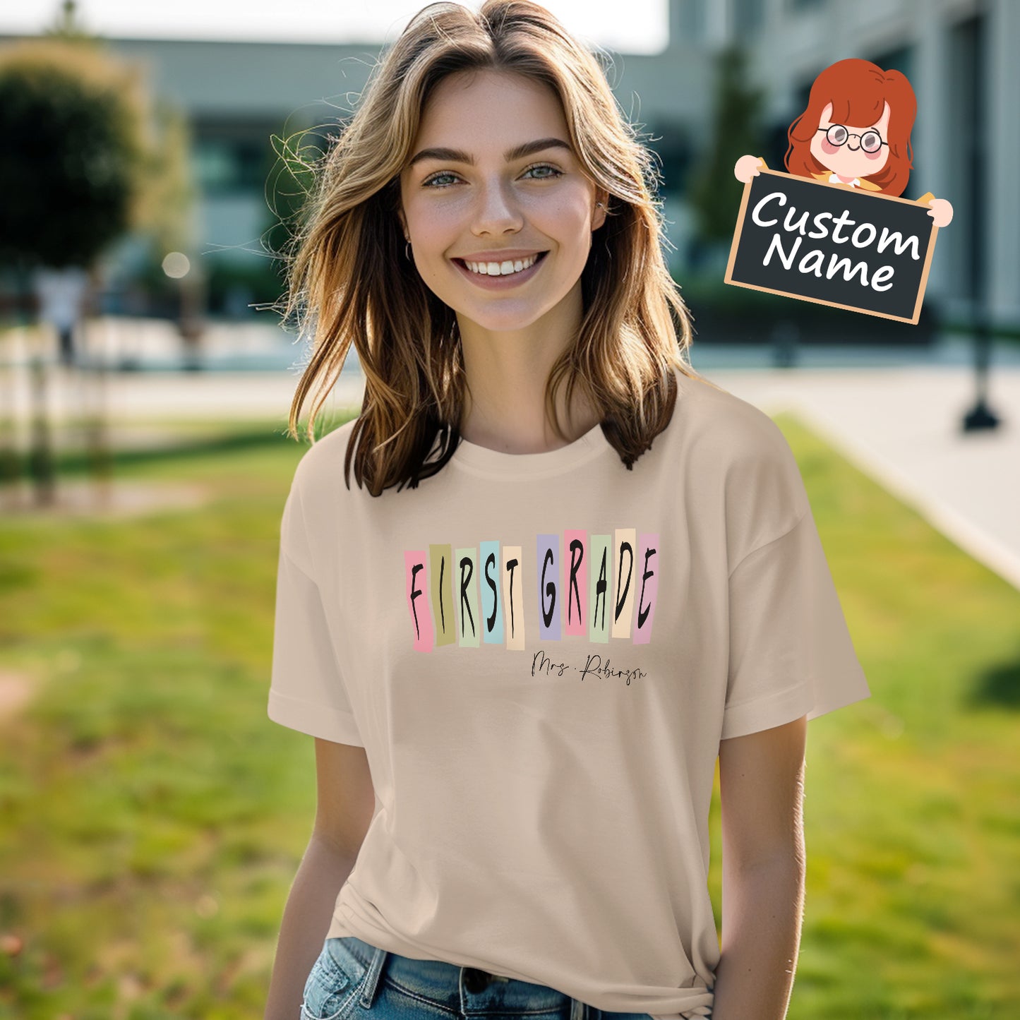 Model wearing Personalised First Grade Teacher T-Shirt with custom name — stylish teacher tee for Back to School and personalised gift giving