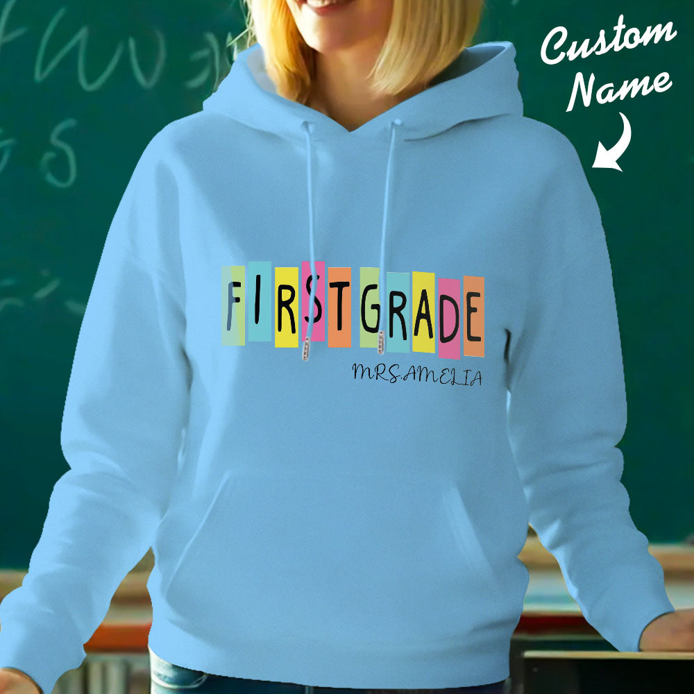 Colour and design options for personalised first grade hooded sweatshirt — choose your preferred shade for a teacher custom name hoodie.