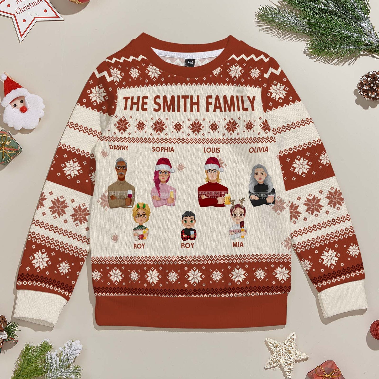 Flat lay of personalised kids Christmas cartoon jumper with size options 100–160 – lightweight, easy-care custom ugly sweater gift