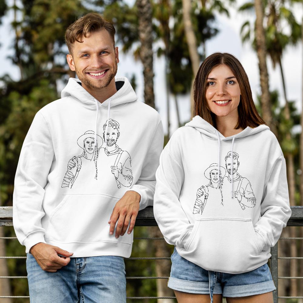 Close-up of personalised line-art print on polyester hoodie showing high-resolution photo converted to stylish line-art detail, great for custom photo gifts