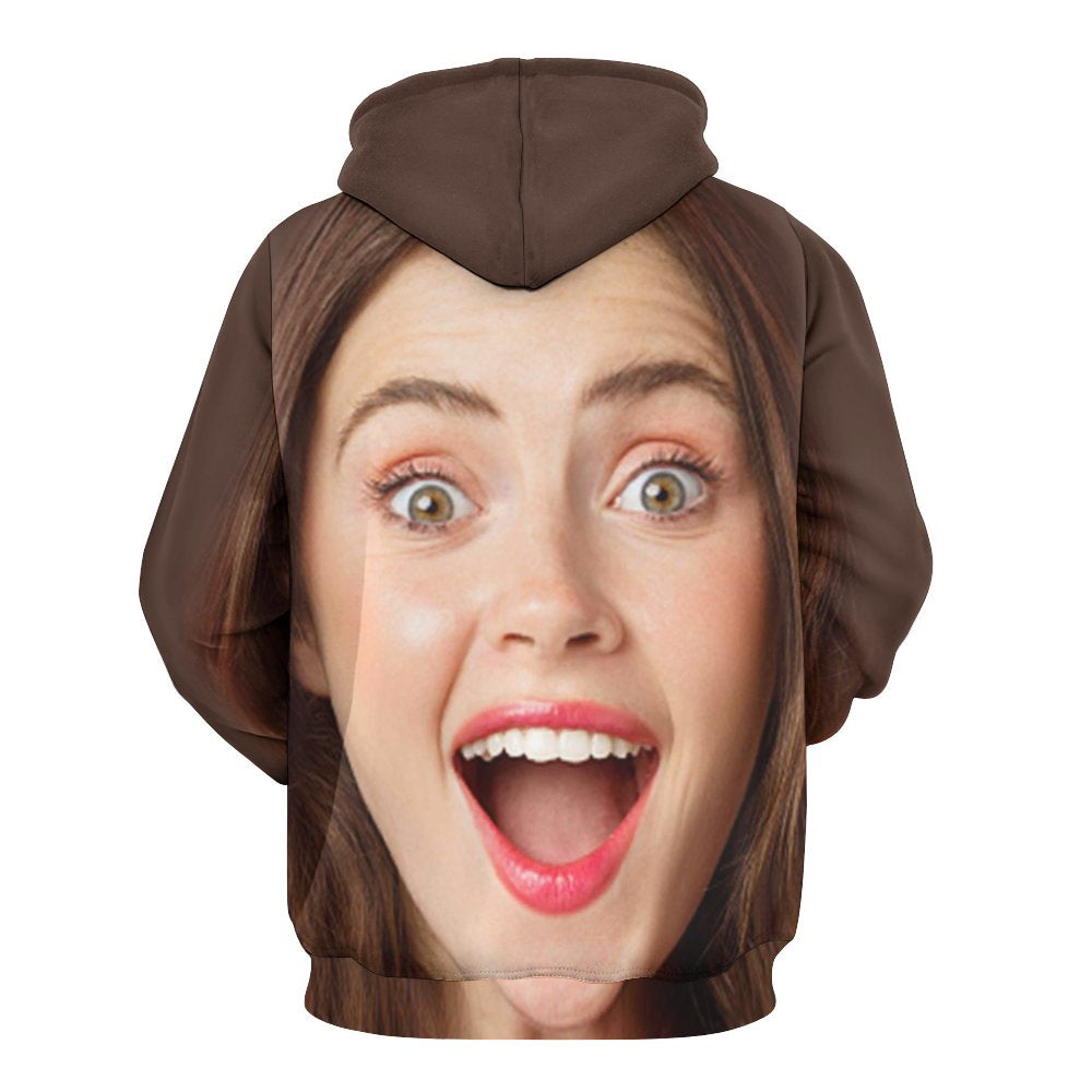 Personalised big face loose hoodie with custom photo print on front — unisex 100% polyester sweatshirt with hood and split kangaroo pocket