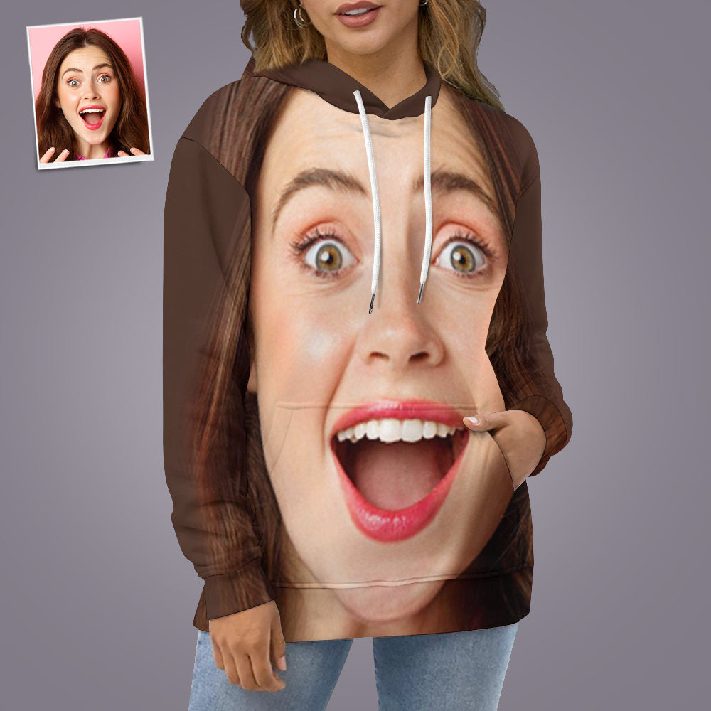 Model wearing personalised funny big face hoodie — loose unisex fit with adjustable drawstring and kangaroo pocket, ideal custom gift