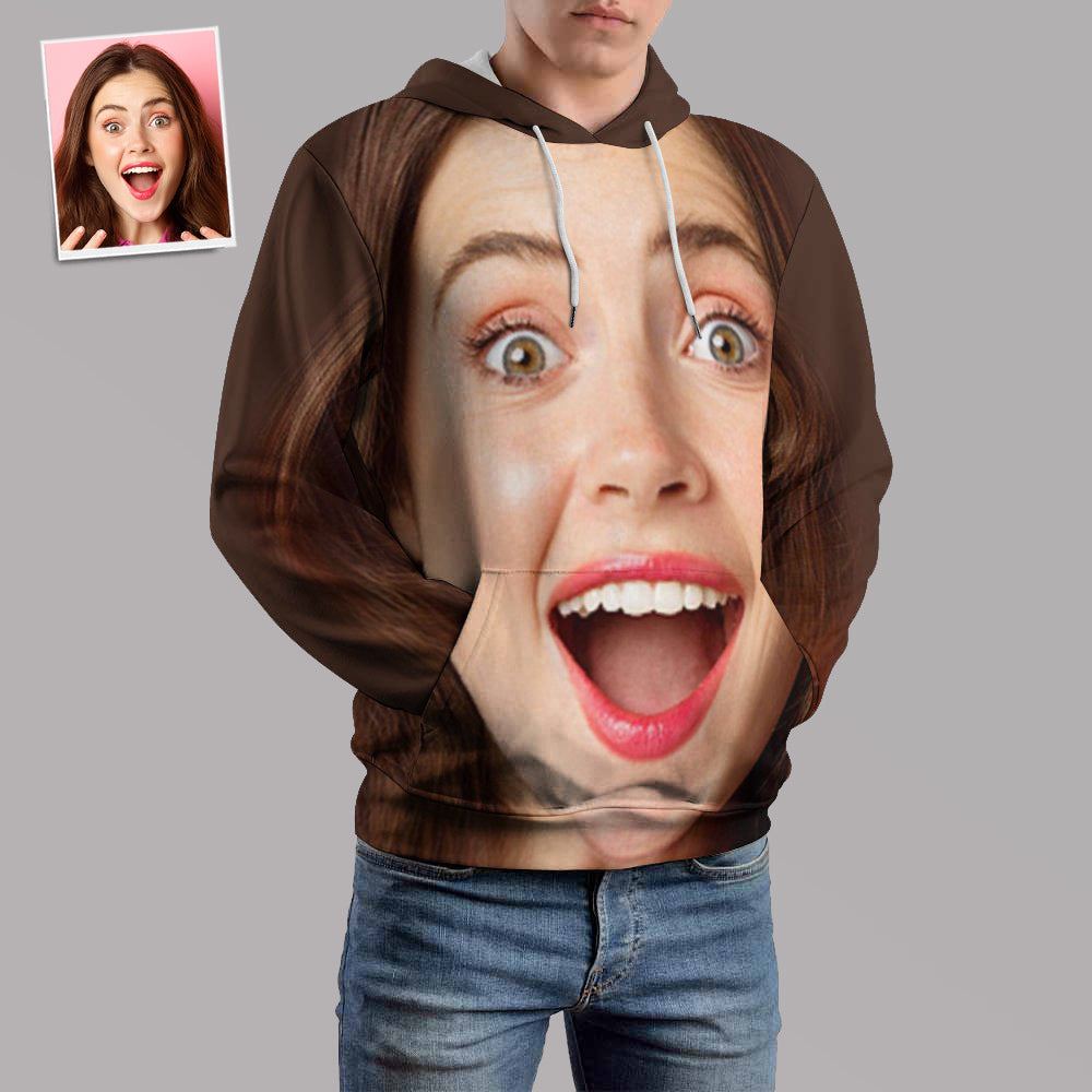 Close-up of high-resolution personalised face print on soft 100% polyester hoodie, showing vibrant colours and sharp photo detail