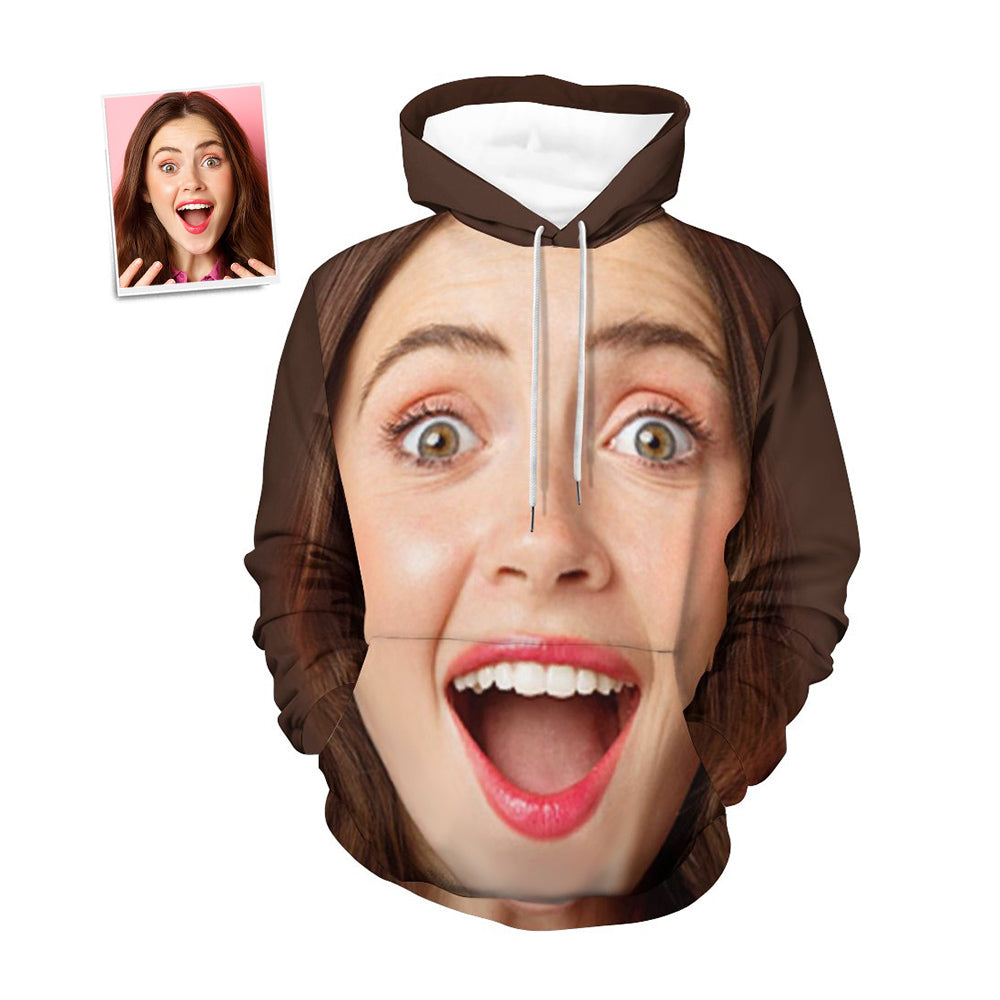Personalised big face loose hoodie with custom photo print on front — unisex 100% polyester sweatshirt with hood and split kangaroo pocket