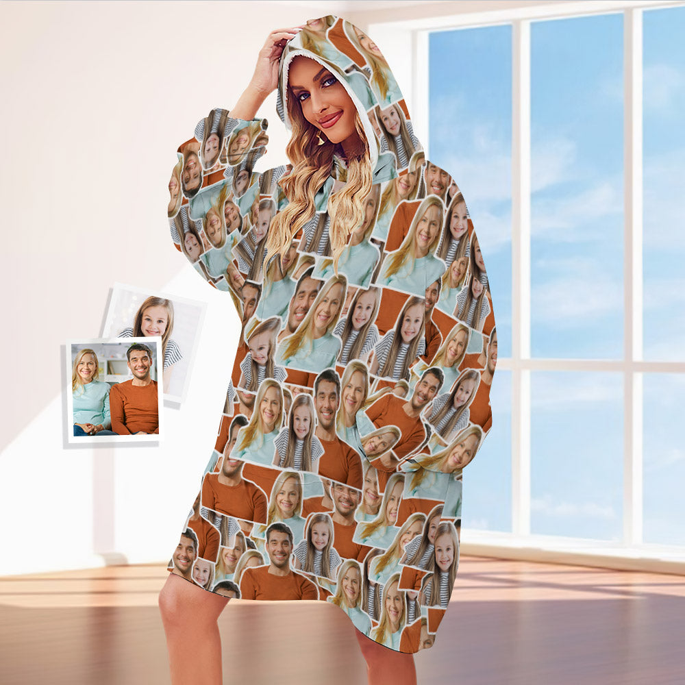 Personalised Photo Blanket Hoodie (front view) – unisex oversized wearable blanket in soft cosy flannel with extra-large hood, roomy kangaroo pocket and vivid custom photo print for adults and kids