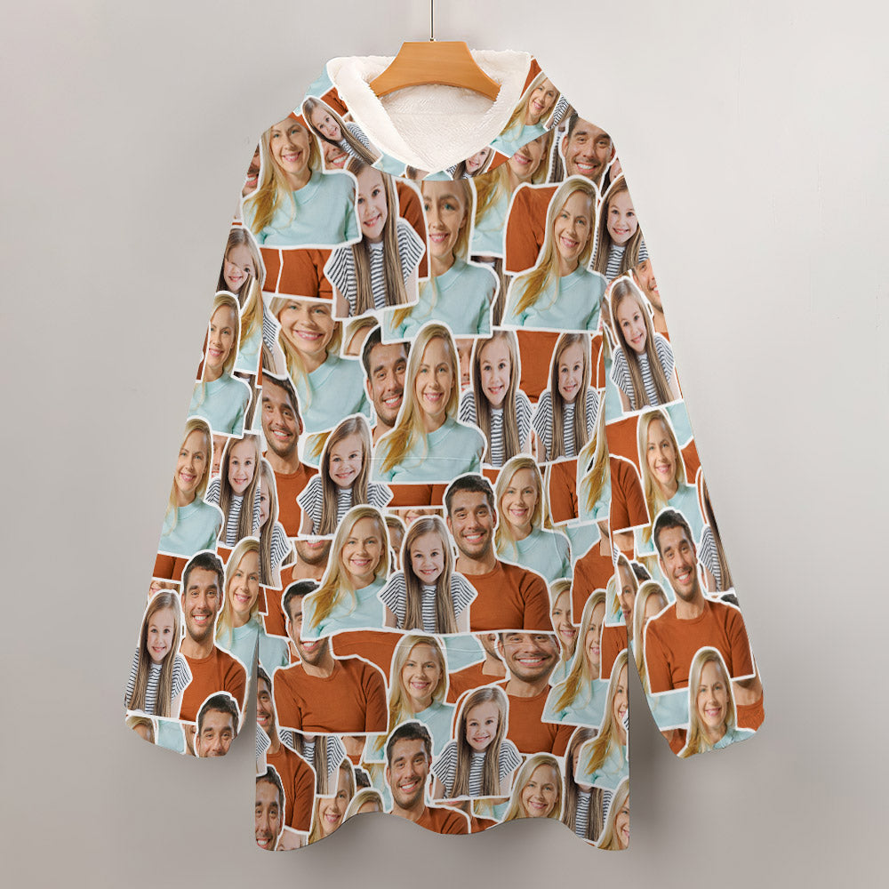 Close-up of custom photo and optional personalised text on the Photo Blanket Hoodie – high-resolution print on soft cosy flannel showcasing fabric texture and vibrant colours