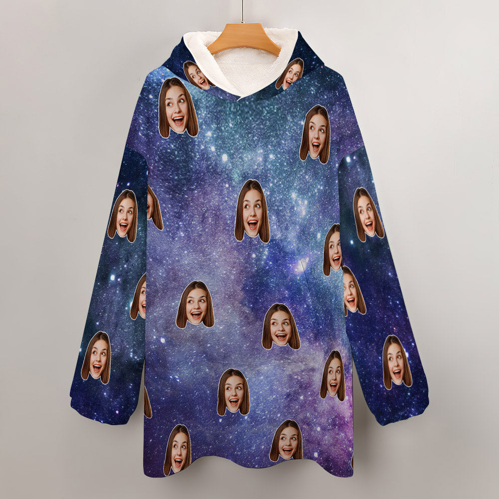 Adult wearing oversized Personalised Starry Sky Blanket Hoodie on sofa — perfect for movie nights and camping