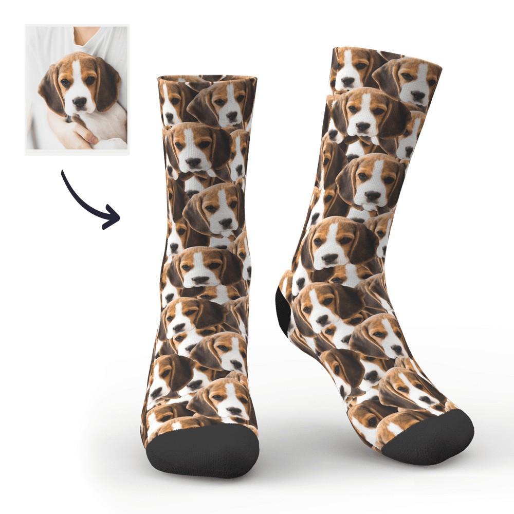 Close-up of a personalised pet photo sock with a printed dog face on a white crew sock — custom pet photo socks for men, women and kids