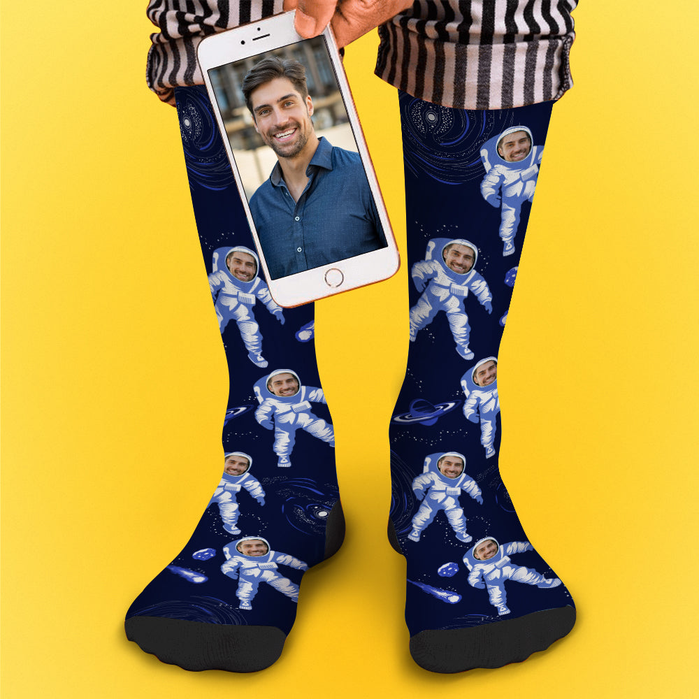 Men's size personalised astronaut socks displayed to show fit and proportions with a sharp face preview — perfect personalised gift for him, custom face socks
