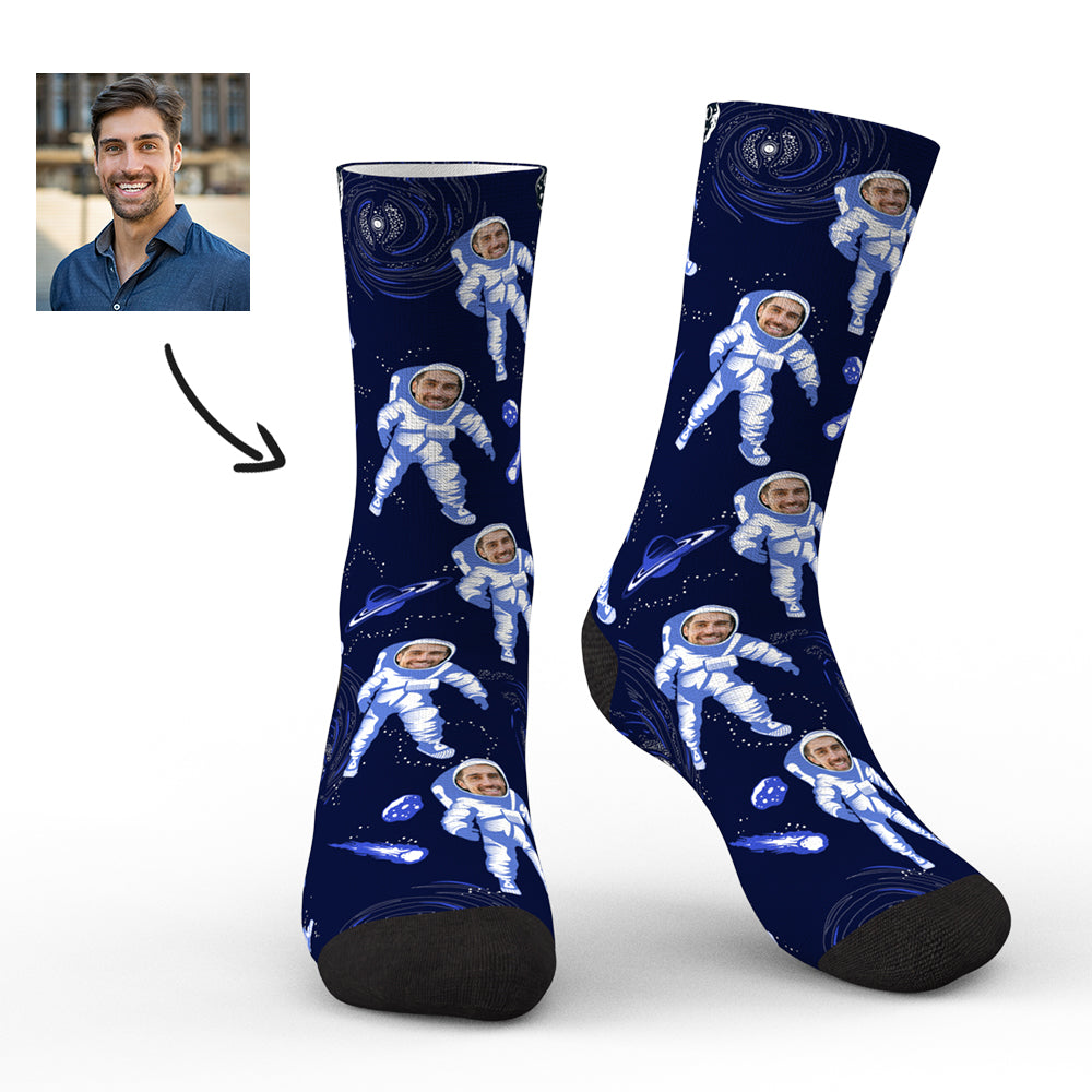Pair of personalised astronaut socks with a clear custom face preview on the helmet, flat lay on white background — personalised astronaut socks and custom face socks for men, women and teens