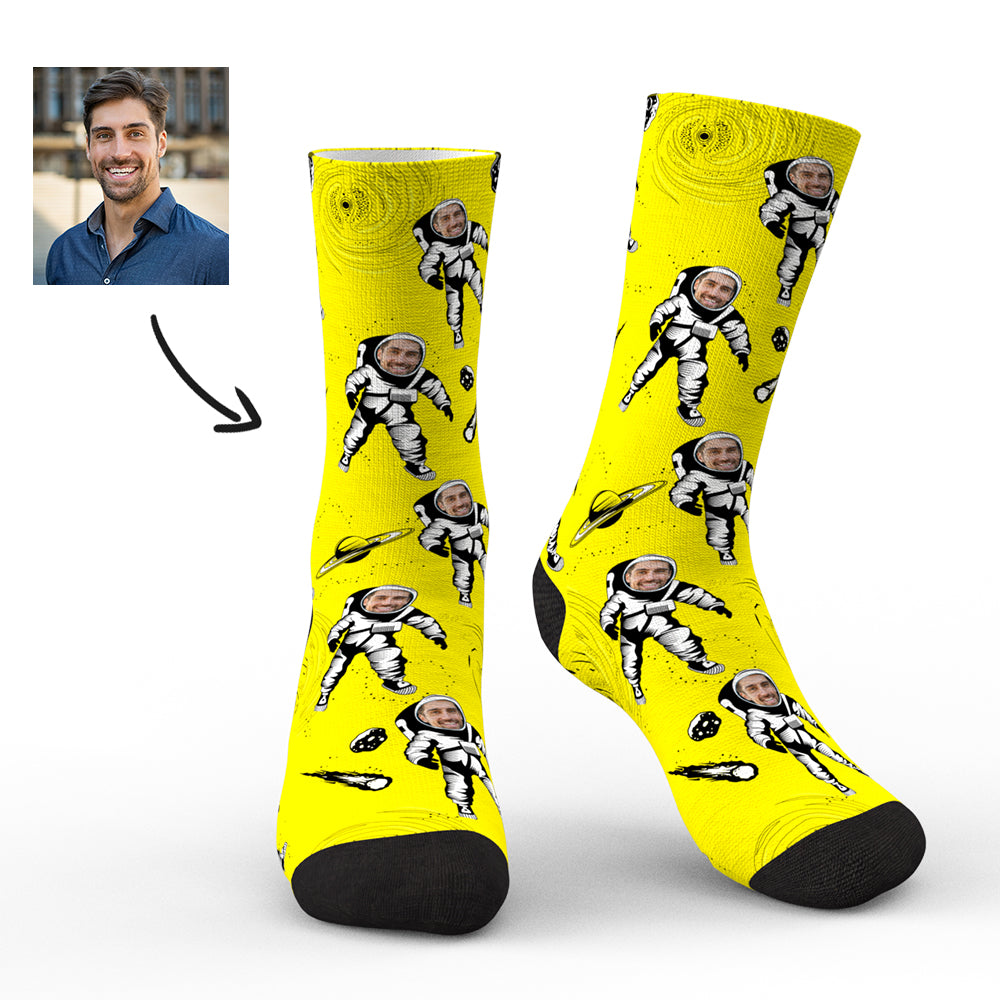 Men's size personalised astronaut socks displayed to show fit and proportions with a sharp face preview — perfect personalised gift for him, custom face socks