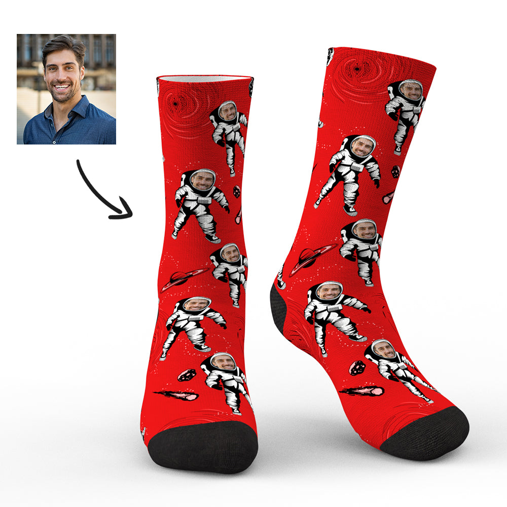 Close-up of heat transfer print on astronaut socks showing vibrant colours and fabric texture, detailed view of printed face photo — durable face photo socks, washable and breathable