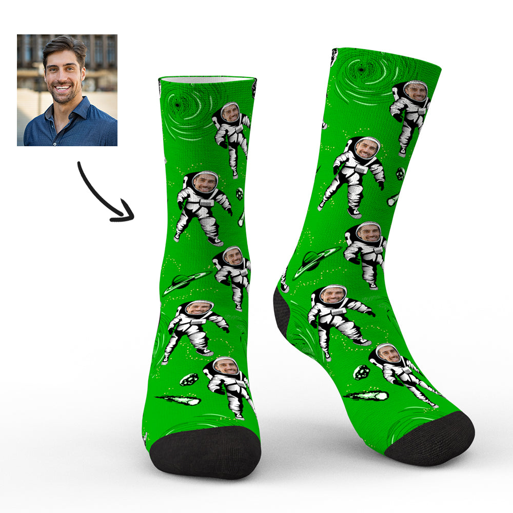 Adult and children's personalised astronaut socks placed together to show size comparison and matching designs — personalised socks for kids and adults, great family gift