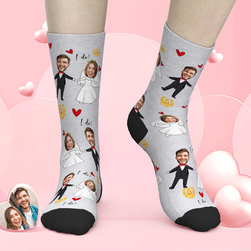 Angled view of custom face socks displaying detailed portrait reproduction and premium threading — ideal personalised bride and groom socks