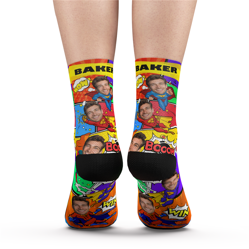 Close-up of personalised photo socks highlighting premium threading, fade-resistant full-colour sublimation print and precise face cutout