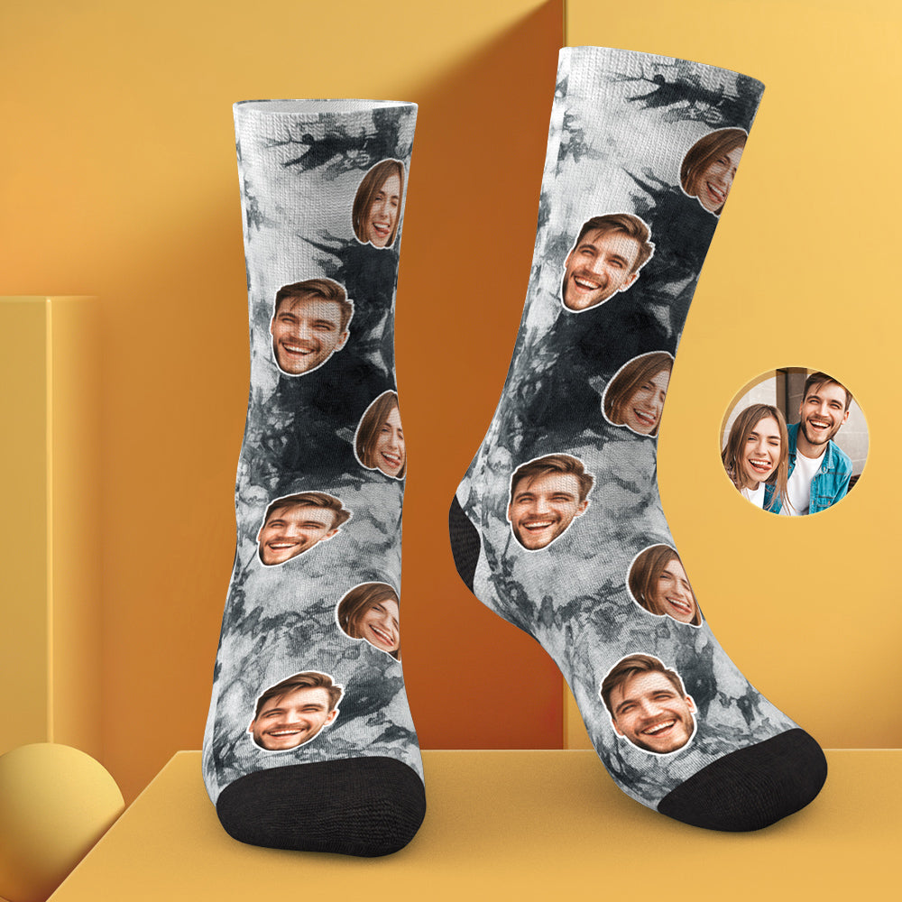 Flat-lay of personalised tie-dye photo face socks displaying full-colour photo print and bold tie-dye design — custom socks for UK and Australia