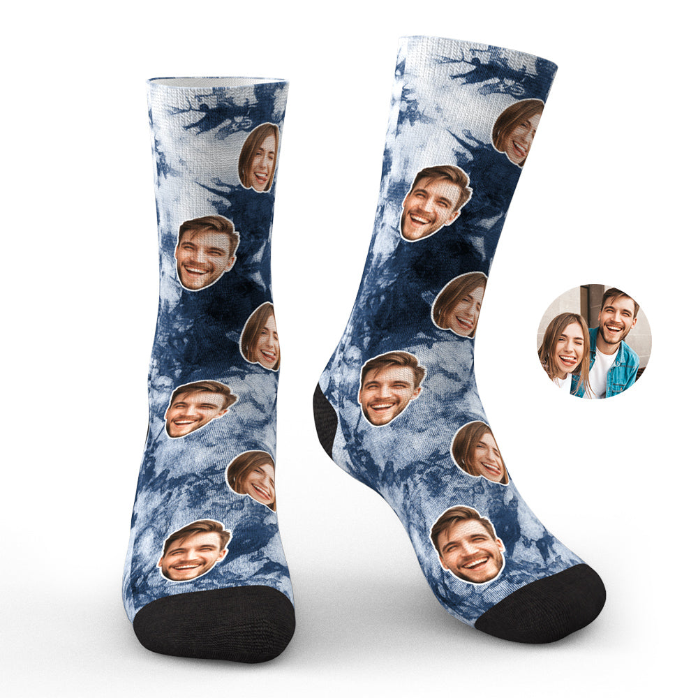 Model wearing personalised tie-dye photo face socks showing the face print on the front and colourful tie-dye swirl — novelty personalised socks
