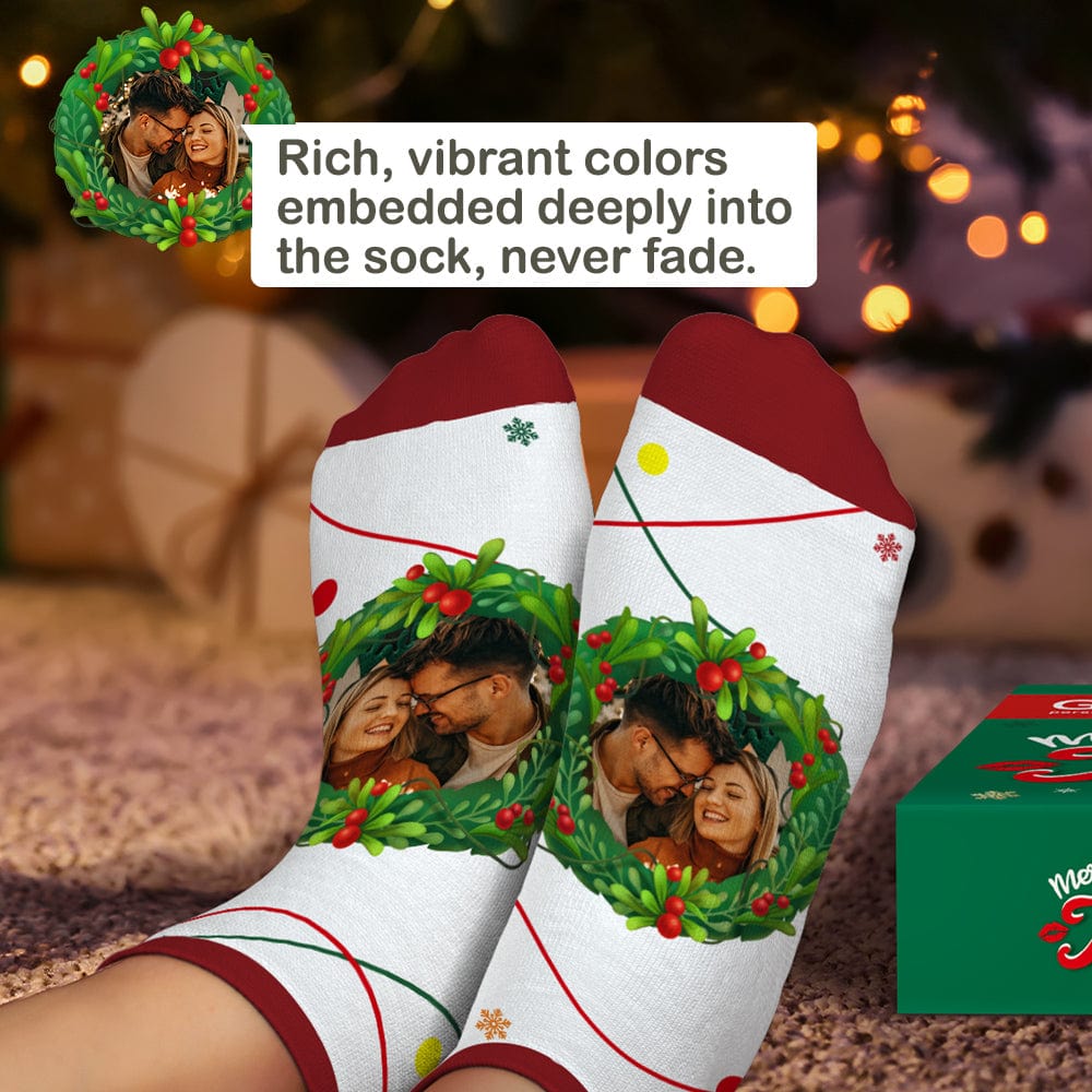 Model wearing personalised mistletoe photo socks — cosy, romantic couple socks and perfect Christmas gift for him or her