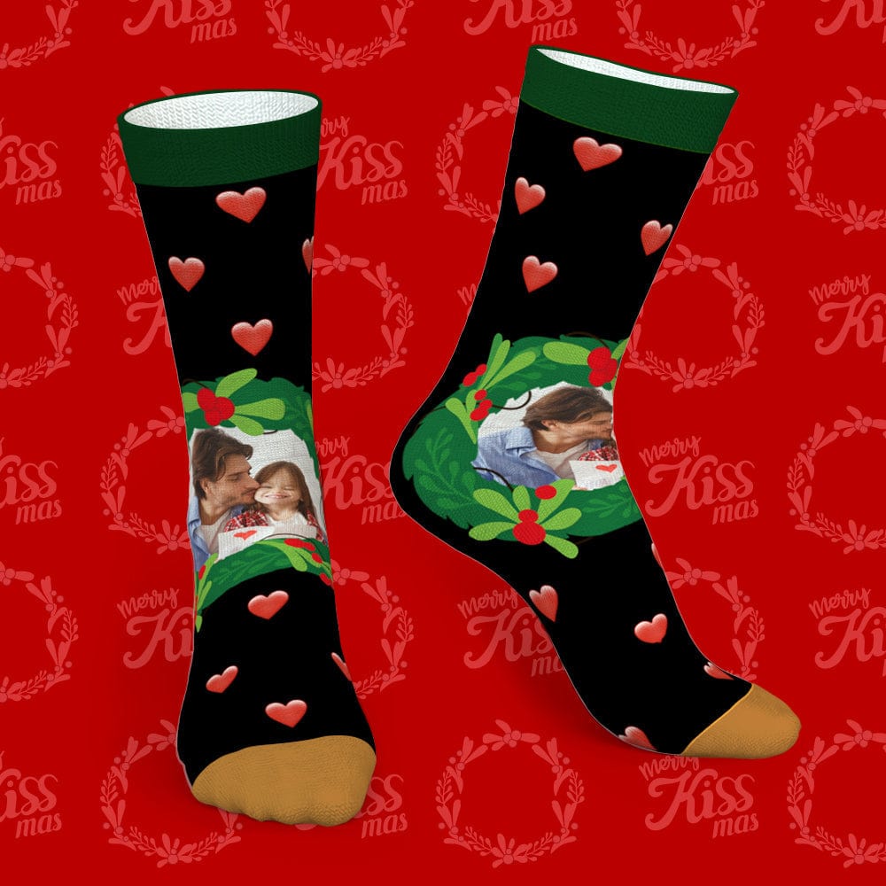 Personalised mistletoe & heart Christmas socks in black with custom name — cosy, stretchy family gift