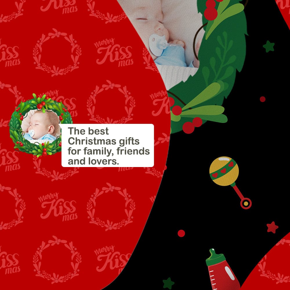 Side view of white personalised photo socks showing the customisable print area and festive motifs — personalised Christmas socks for teachers and neighbours