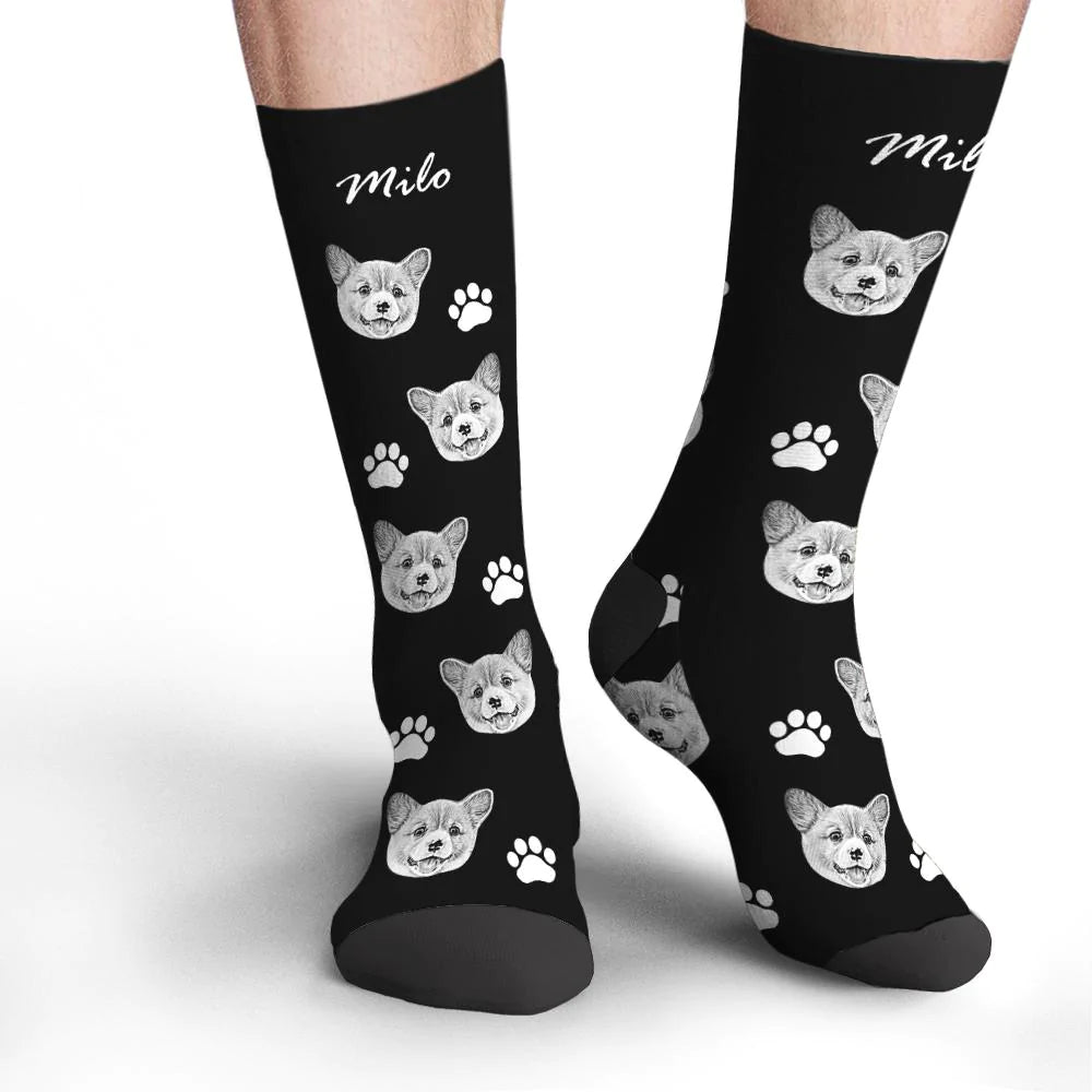 Selection of personalised pet face photo socks showing different background colour options and sample pet prints