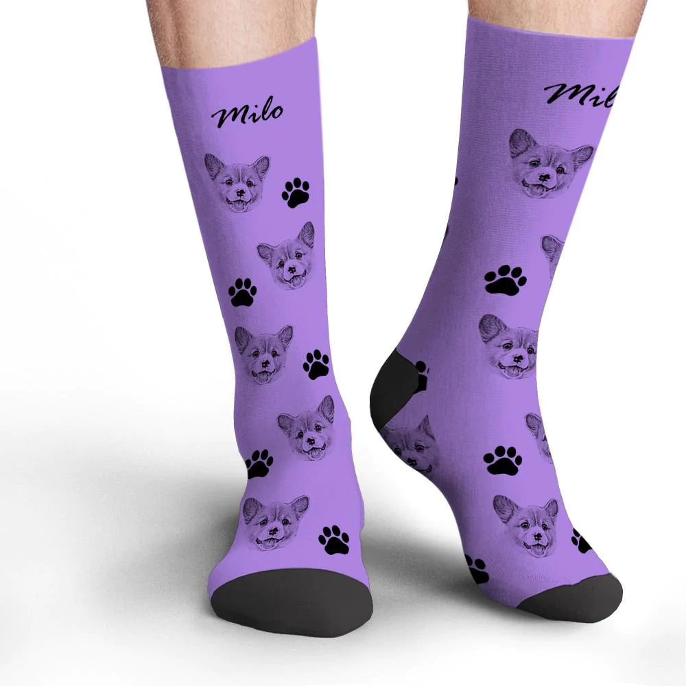 Customisation process graphic for personalised pet face photo socks – upload photo, add name, production and dispatch