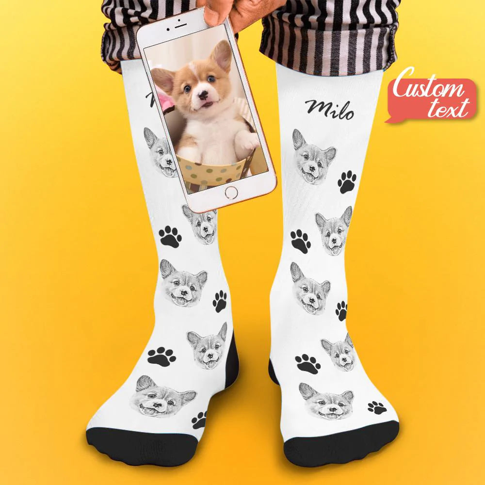 Gallery of personalised pet face photo socks with different pet photos and names to showcase customisation options