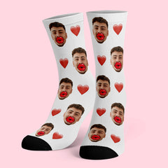 Personalised Face Socks with Heart & Red Lips - Custom Photo Socks UK