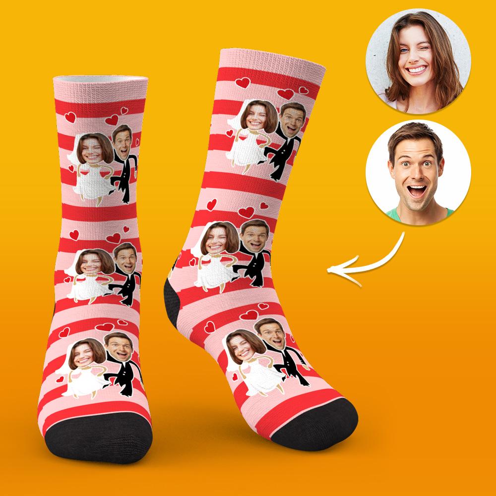 Close‑up of personalised wedding socks laid flat highlighting vibrant colour sublimation print on polyester — ideal custom face socks