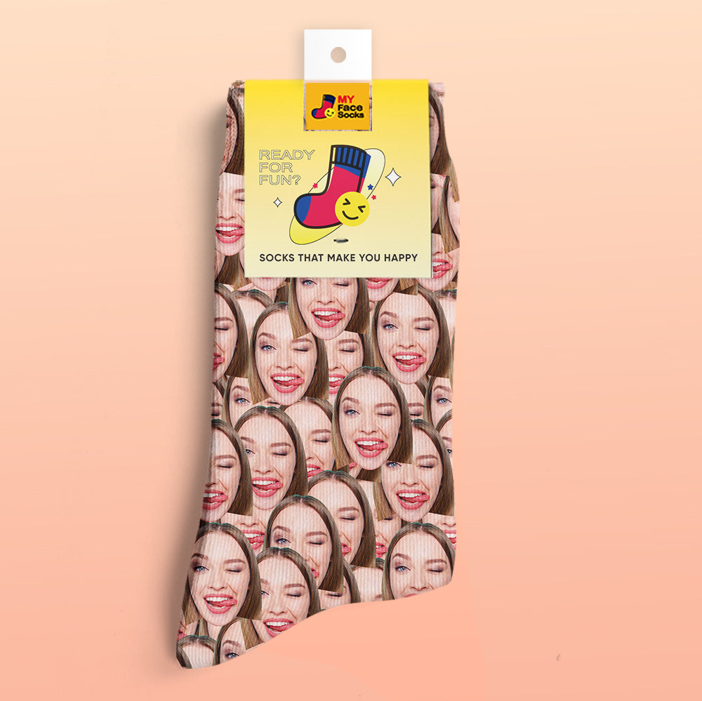 Custom Face Socks close-up showing professional face cutout and continuous heel print on personalised photo socks