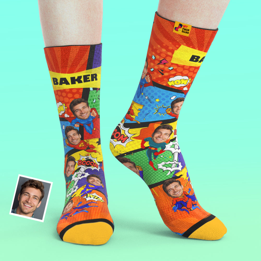 Close-up of personalised superhero socks print and fabric texture; high-resolution photo print on soft, stretchy polyester blend with heel-safe design