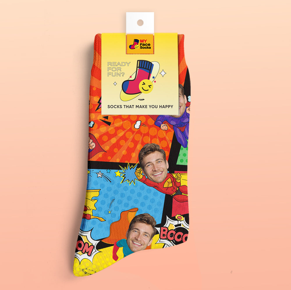 Flat-lay of Personalised Superhero Face Socks showing full seamless pattern, personalised face and name – novelty custom socks ideal as a gift