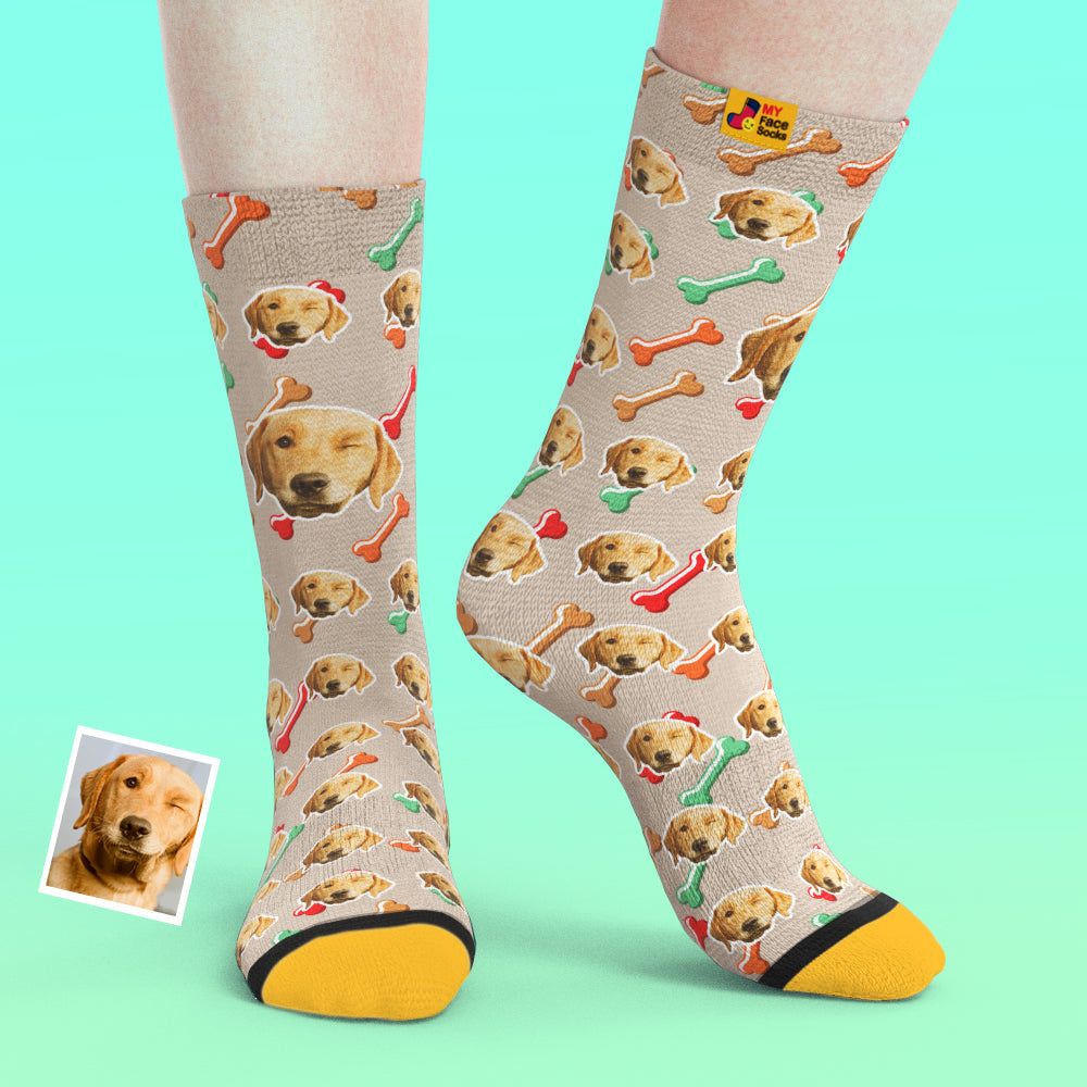 Detail of personalised face socks cuff and fabric — 95% polyester 5% lycra stretch, clear custom name and pet photo printed with long‑lasting sublimation ink
