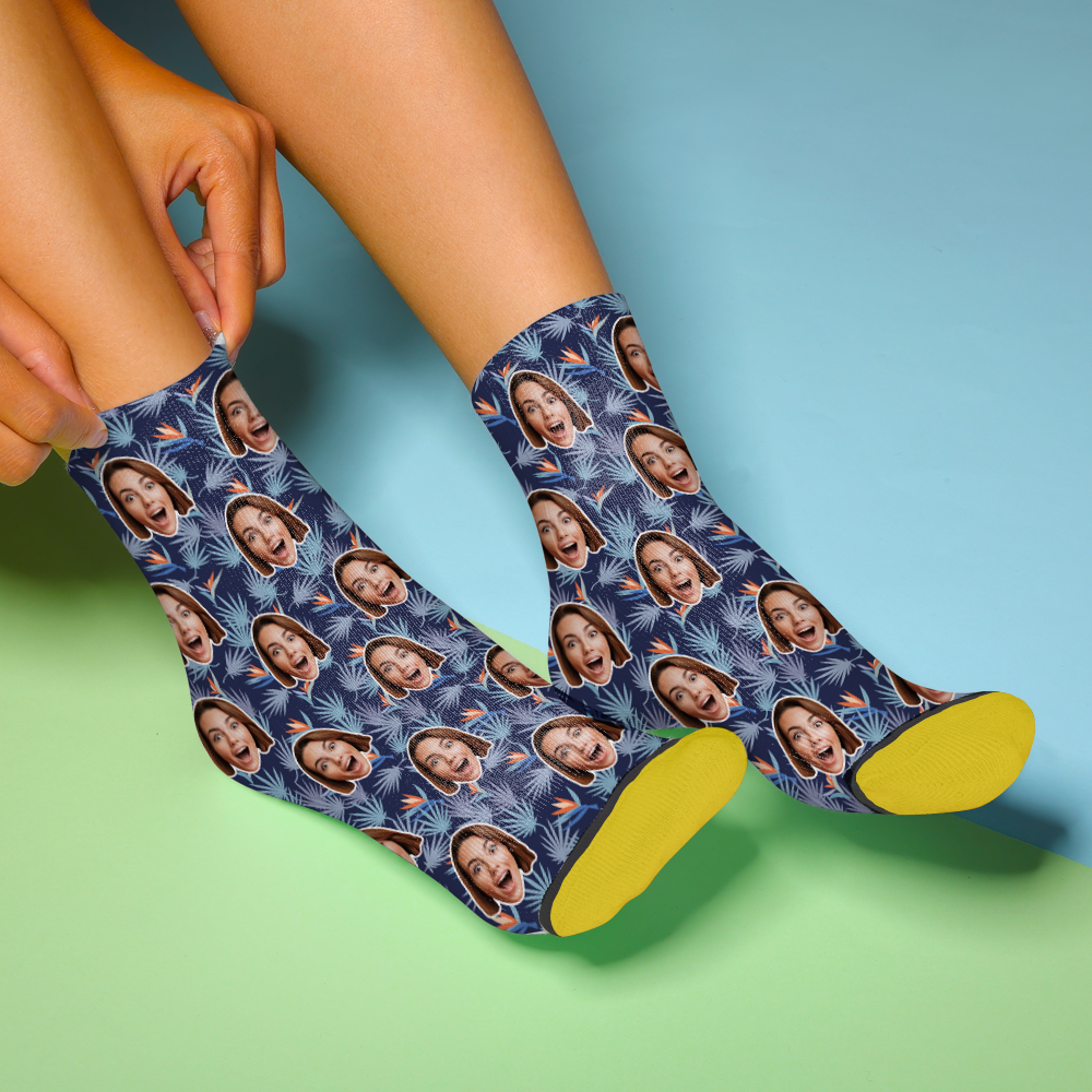 Close‑up of personalised face socks showing coordinating Bird of Paradise heel print that protects the customised image — high‑resolution 3D digital print on polyester