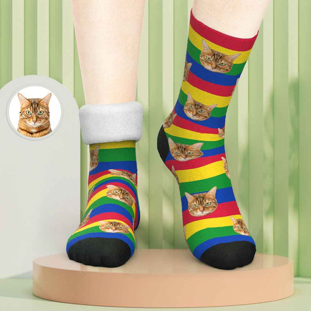 Custom Photo Thick Socks Rainbow Winter Pet Gifts
