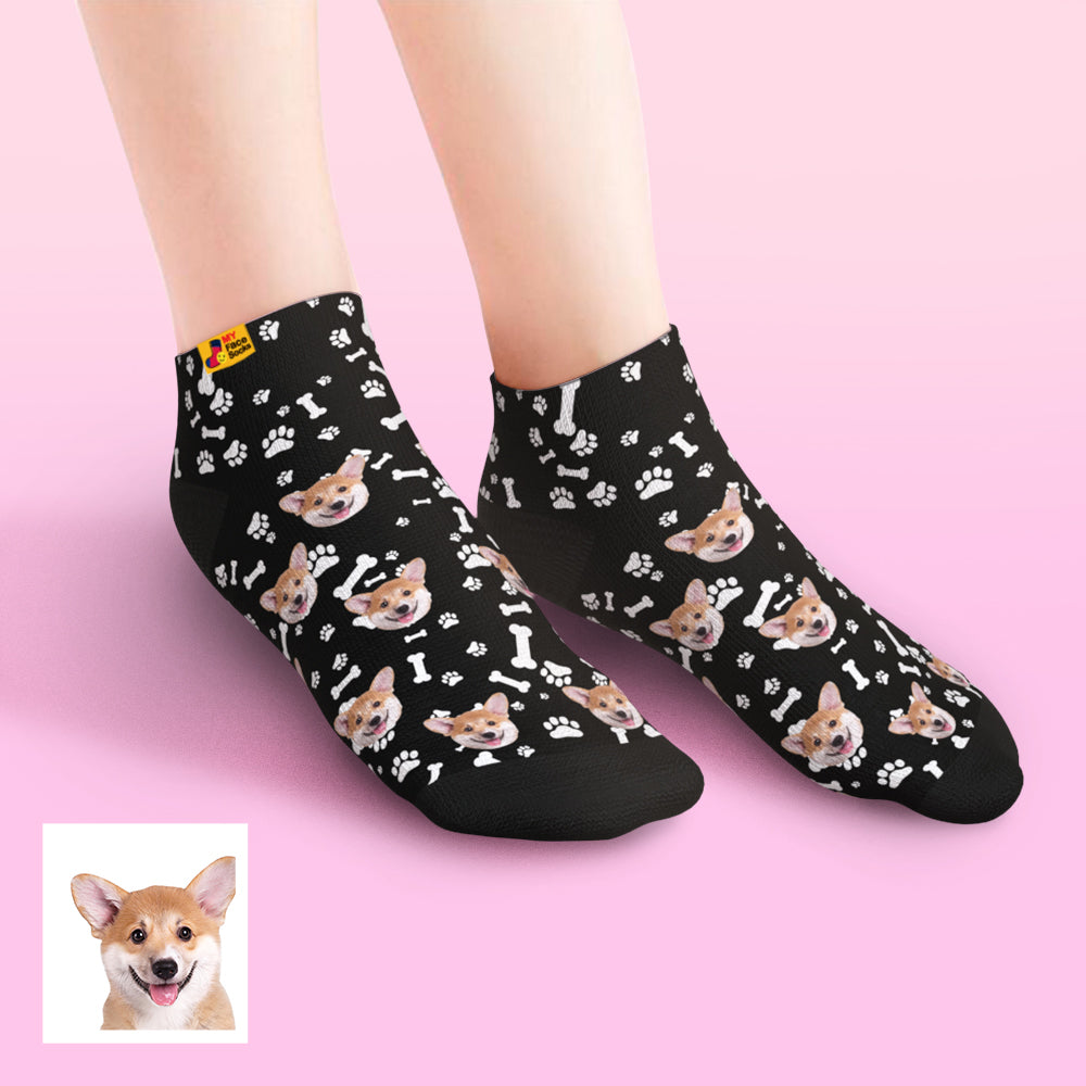 Model wearing personalised dog face low-cut socks — photo socks for dog lovers as a gift