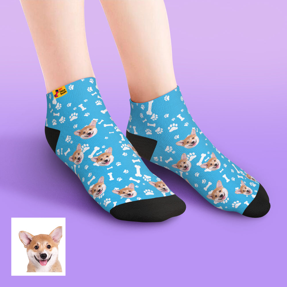 Custom dog face low-cut ankle socks flat-lay — personalised pet socks with clear dog photo