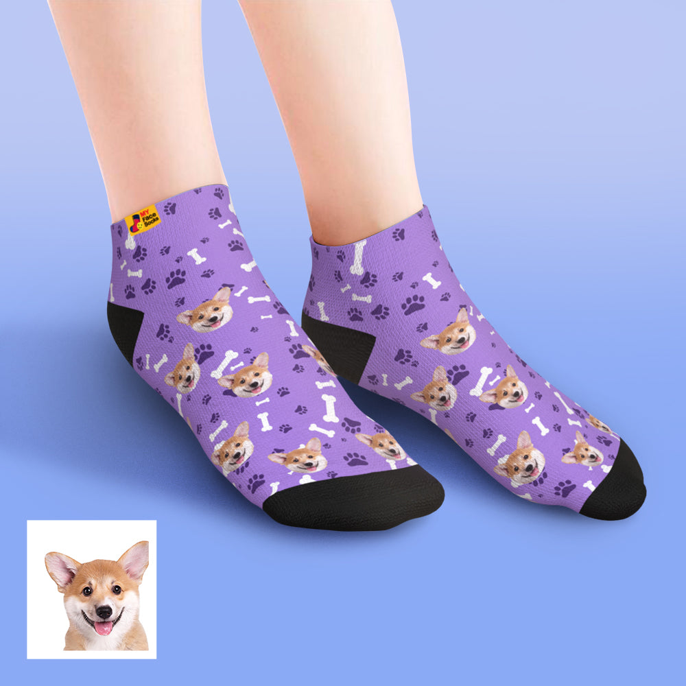 Close-up of heel and stitching on personalised dog face socks — breathable polyester, machine washable