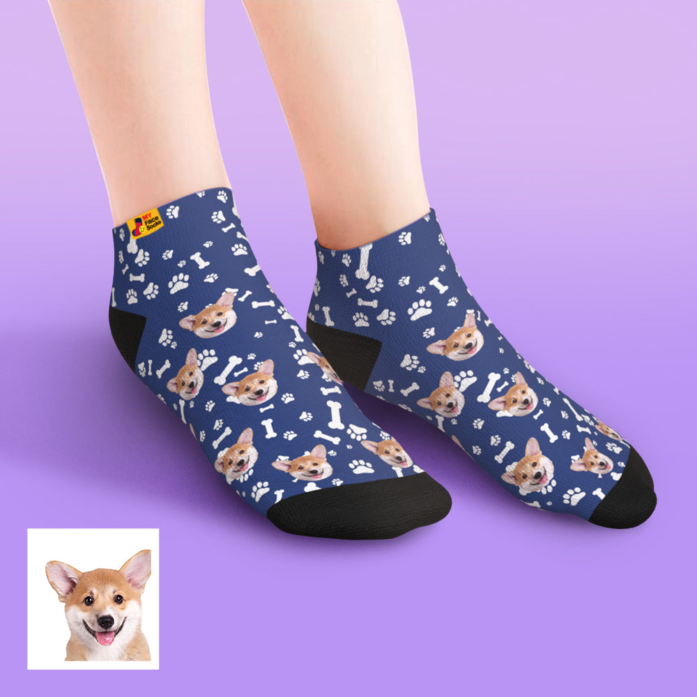 Close-up of toe and print alignment on personalised dog face socks — quality inspection ready
