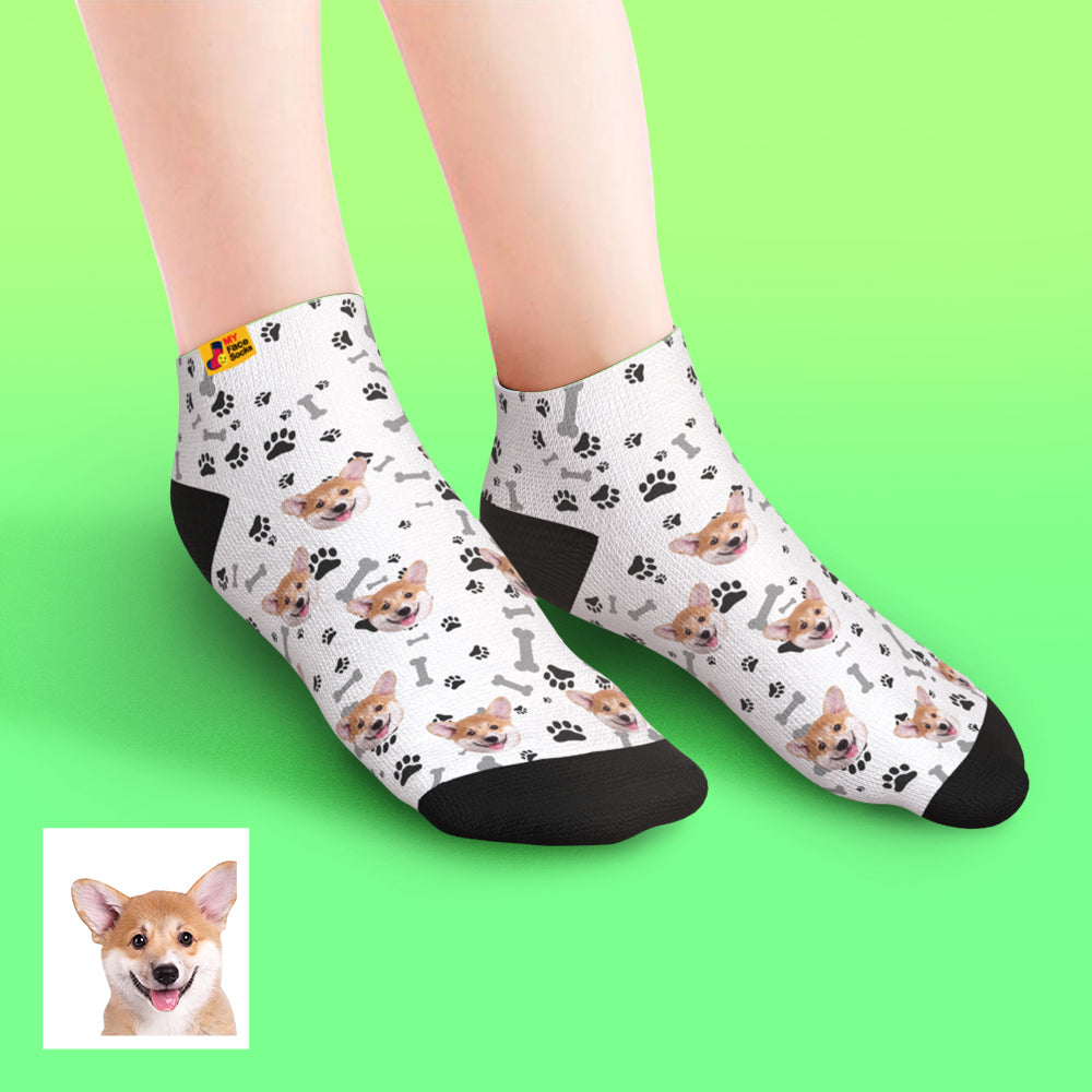 Lifestyle shot of cosy personalised pet socks worn at home — custom dog face keepsake