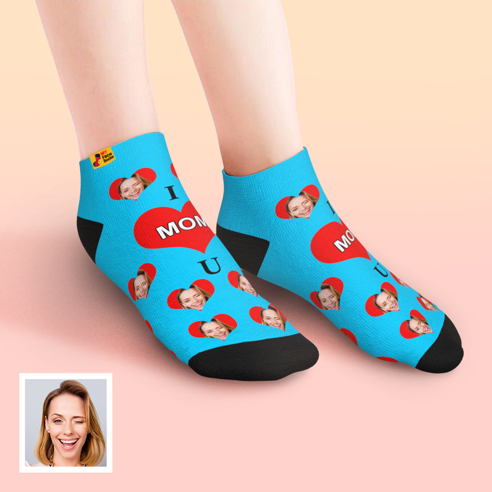 Close-up of printed face and 'I Love U Mum' motif on custom ankle socks, highlighting print clarity and texture