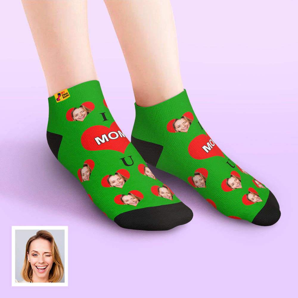 Model wearing personalised 'I Love U Mum' photo socks — low-cut ankle style for casual everyday wear
