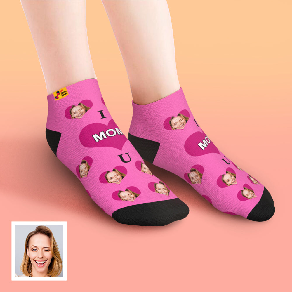 Close-up of toe and heel on personalised ankle socks showing quality stitching and clear 'I Love U Mum' print