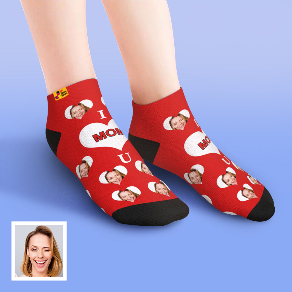Pair of personalised low-cut socks displayed on white background, emphasising the printed face and heartfelt message