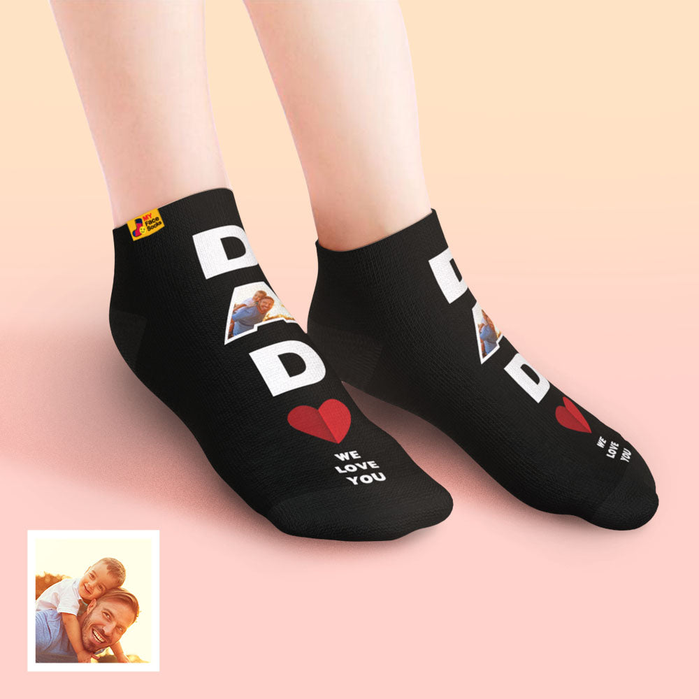 Personalised low-cut ankle face socks for Dad with ‘We Love You’ print — custom photo socks ideal for Father’s Day or birthdays