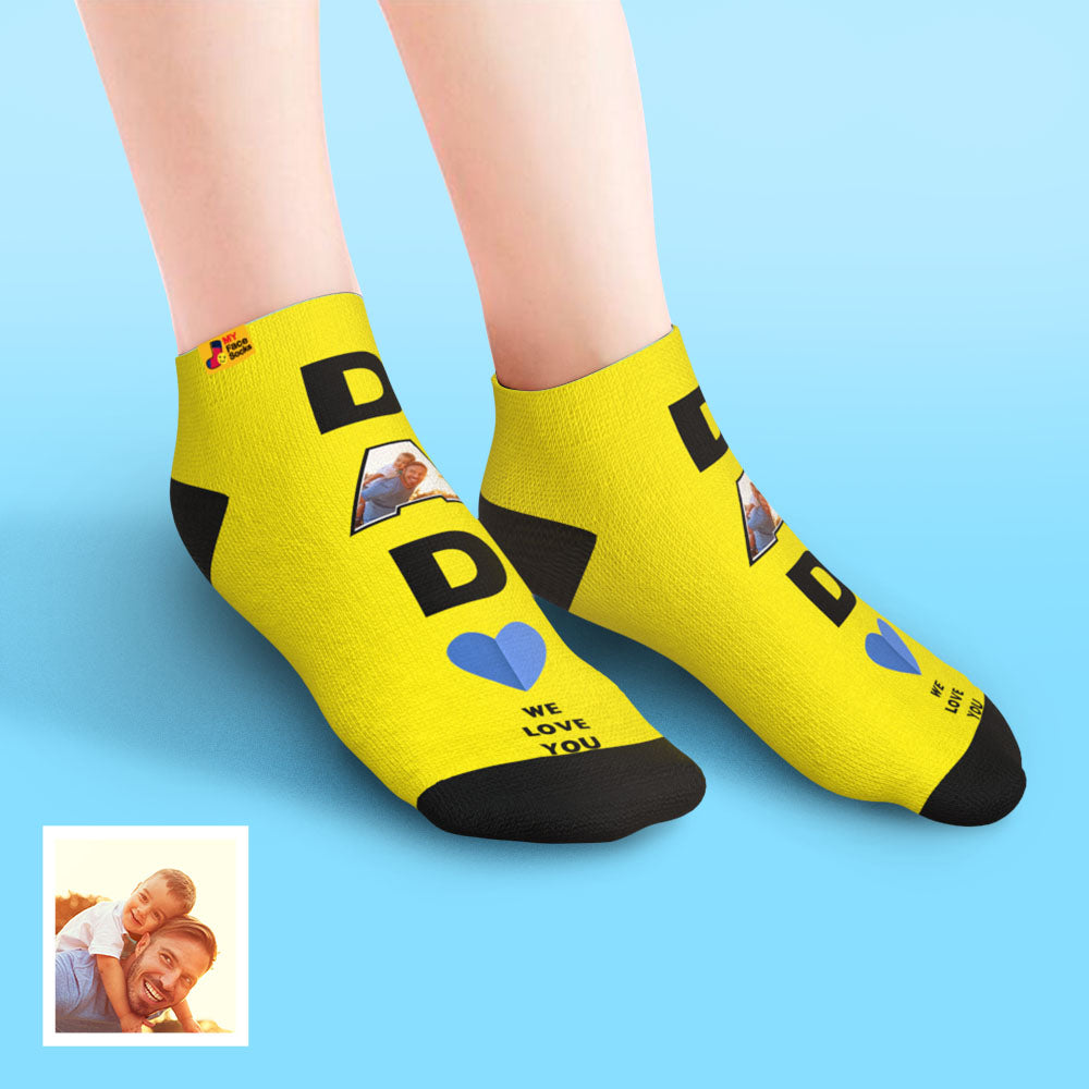 Close-up of reinforced heel and toe on personalised polyester low-cut ankle socks — durable print for a memorable gift
