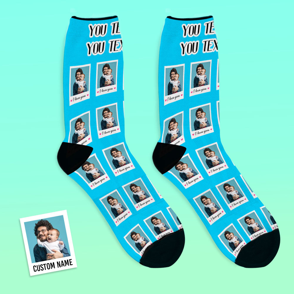 Close-up sample of personalised polaroid photo on socks showing crisp crop and 'I Love You' motif