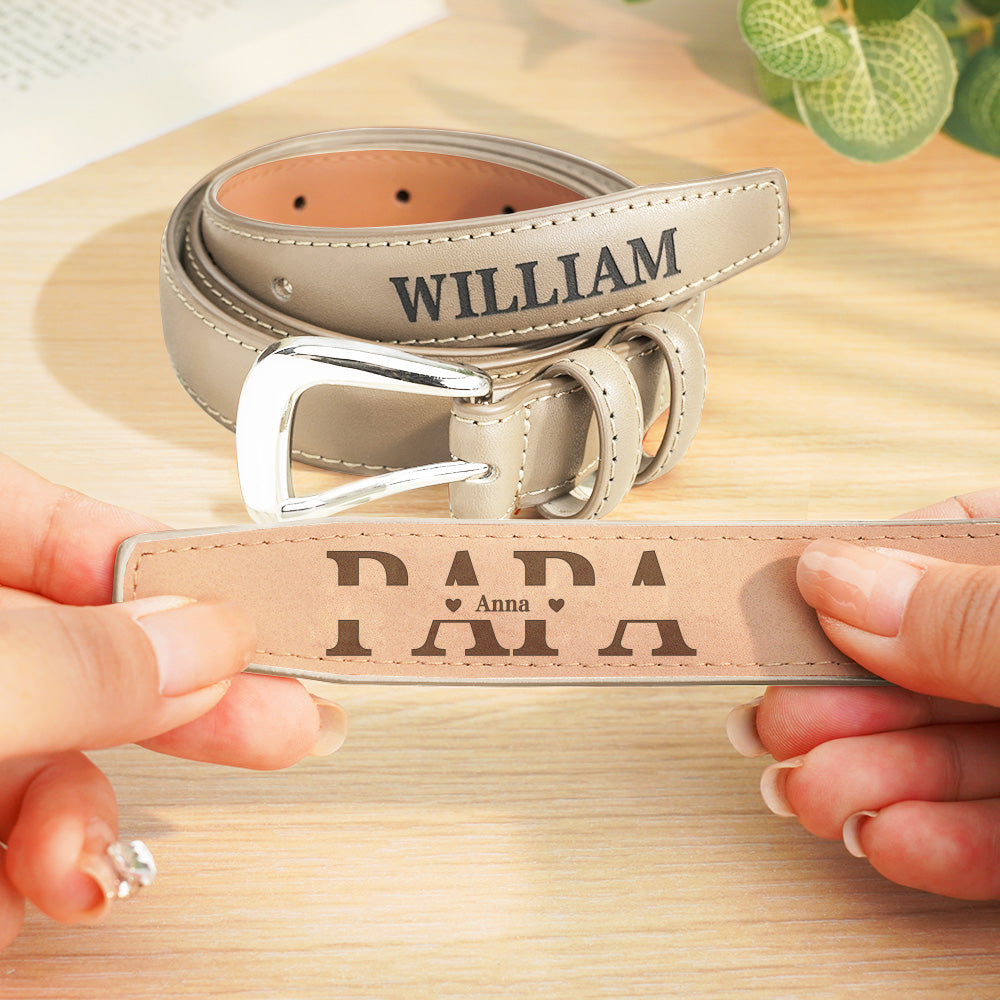 Close view of belt loop and engraved name on personalised PU leather men's belt — ideal engraved gift for him